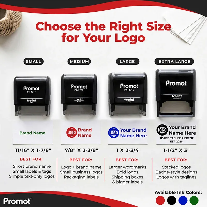 Custom logo stamp size guide showing small, medium, large, and extra large self-inking stamp options for different logo types and business branding needs.