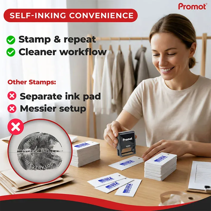 Custom logo stamp in use with self-inking design, creating clean and consistent branded impressions on business cards and packaging labels for efficient workflow.