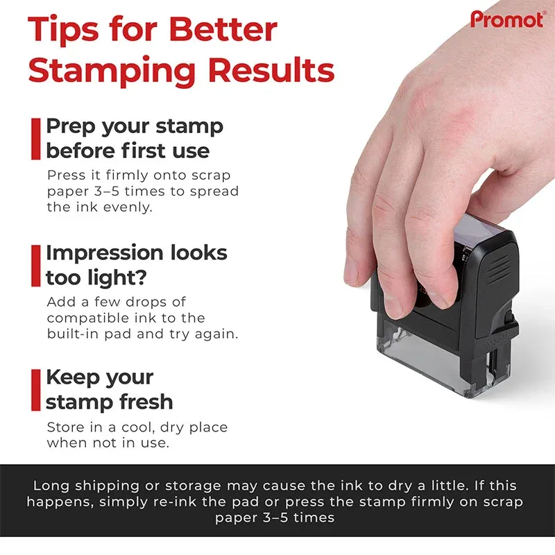Custom logo stamp tips guide showing how to prep, re-ink, and maintain a self-inking stamp for clean, consistent branding impressions.