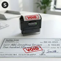 Pre inked stamps showing a Promot “VOID” stamp on a check, delivering bold and clear impressions for business documents, invoices, and payments.