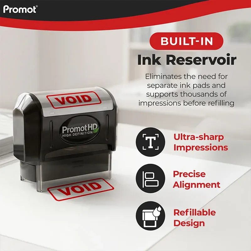 Pre inked stamps with advanced pre-inked technology, featuring a built-in ink reservoir for thousands of clean, smudge-free impressions with no downtime or frequent refills.