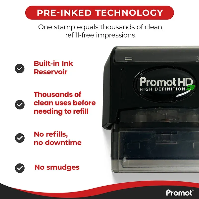 Pre inked stamps showing a Promot Void stamp in use, marking documents with a bold, clear impression, ideal for cancelled checks and business paperwork.