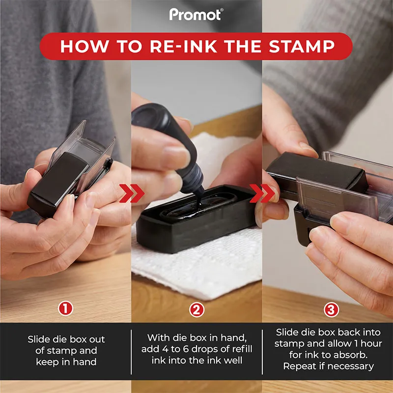 Pre inked stamps showing step-by-step re-inking process, including removing the ink pad, adding refill ink, and reinserting for continued clean and consistent impressions.
