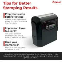 Pre inked stamps tips for better stamping results, including prepping before first use, adjusting light impressions with refill ink, and proper storage to maintain clean, consistent prints.