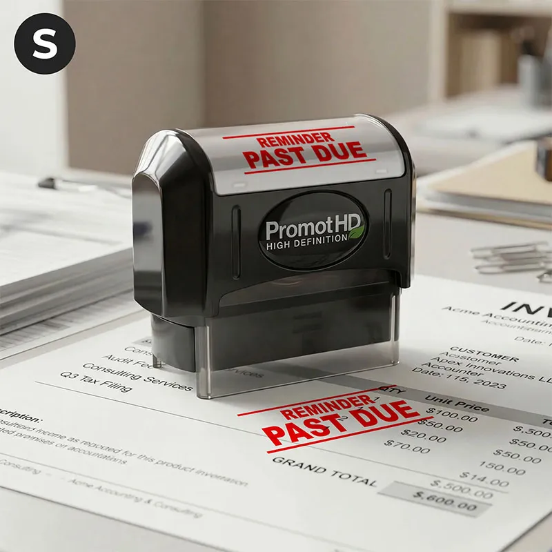 Pre inked stamps PromotHD “Reminder Past Due” rubber stamp marking red bold text on invoice document for office business use