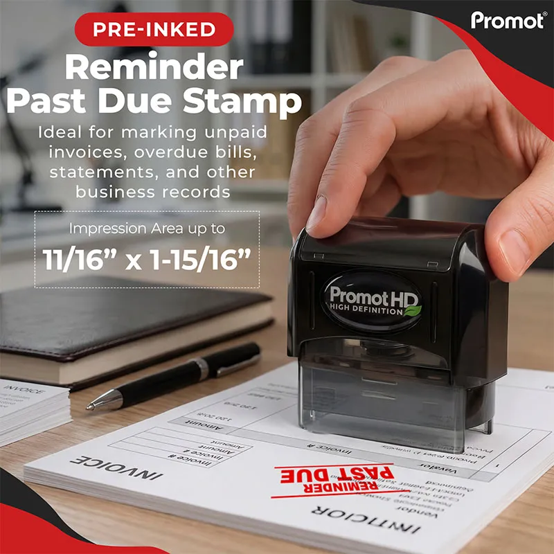 Pre inked stamps PromotHD Reminder Past Due stamp pressing red bold imprint on invoice stack, ideal for marking unpaid bills and business documents with clear impression