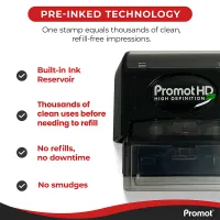 Pre inked stamps PromotHD Reminder Past Due stamp with built in ink reservoir, delivering thousands of clean impressions with no smudges and no downtime for efficient business use