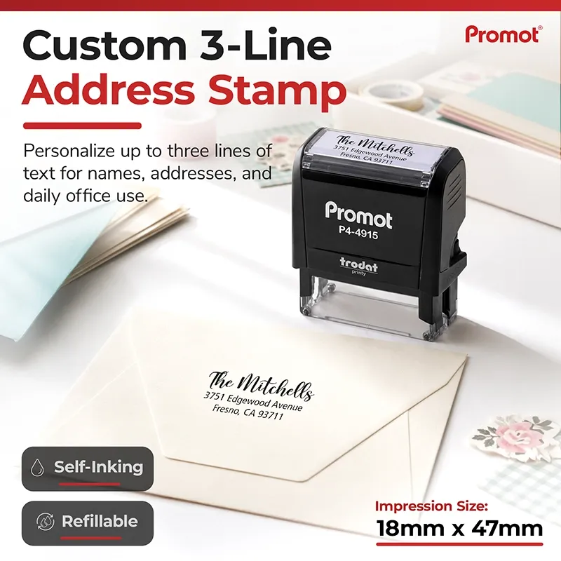 Personalize everyday mail with this large self-inking address stamp, shown beside a clean return address on an envelope.