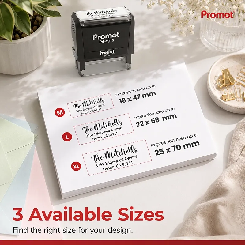 Compare impression sizes to choose the right large self-inking address stamp for your return address design.