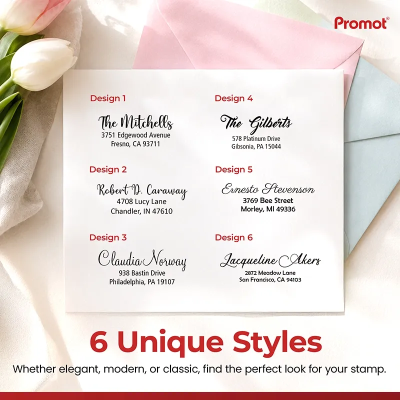 Compare six font options for a Medium self-inking address stamp, displayed as sample return address designs on a white card.