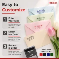 Choose your text and ink color before ordering this small self-inking address stamp, shown with colorful stamped envelopes.