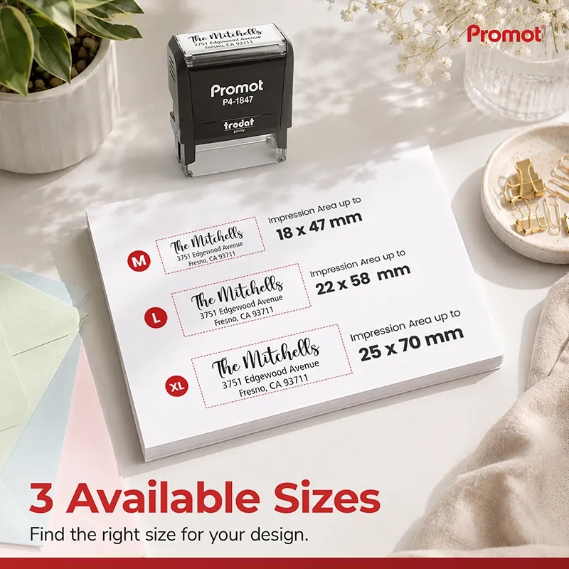 Get the best results from your small self-inking address stamp with simple care tips shown beside a hand pressing the stamp.