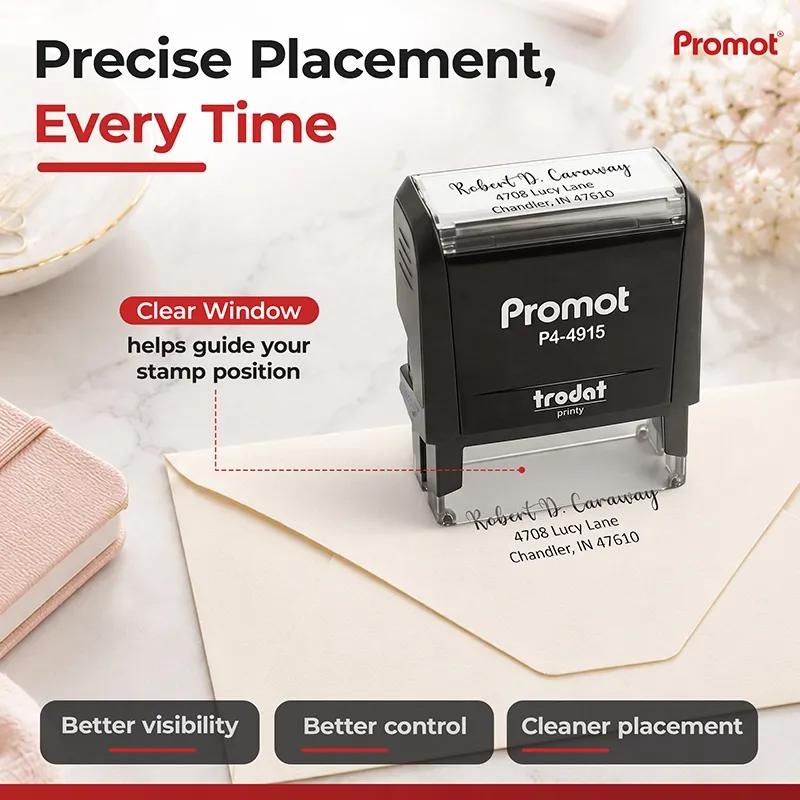 The clear viewing window on this large self-inking address stamp helps align every stamp accurately.