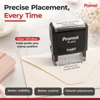 The clear viewing window on this large self-inking address stamp helps align every stamp accurately.