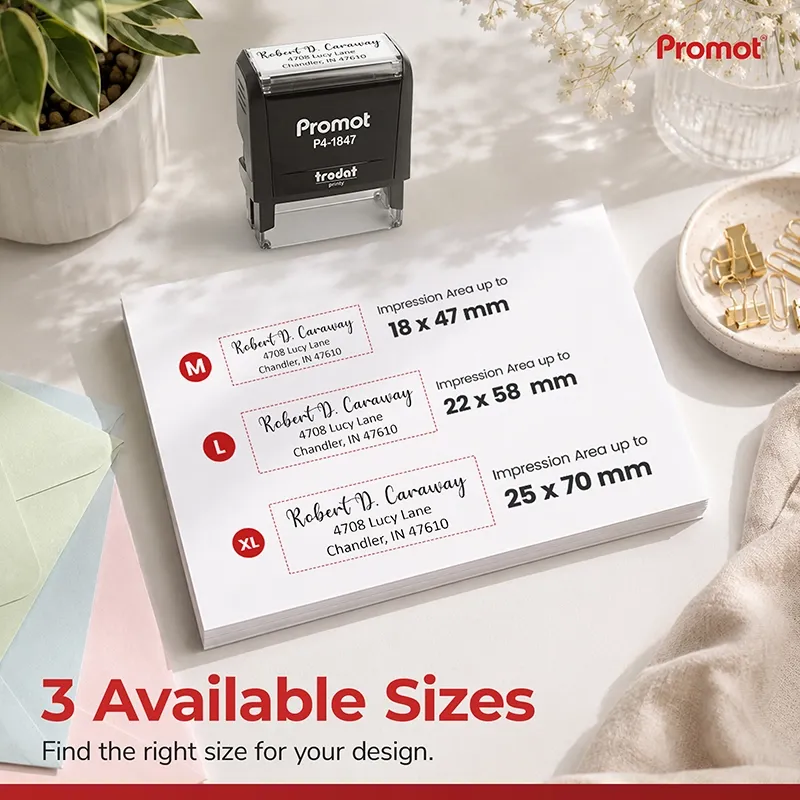 Compare impression sizes to find the best fit before choosing your small self-inking address stamp.