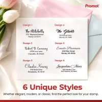 Browse six elegant font options for a medium self-inking address stamp on a sample design sheet.