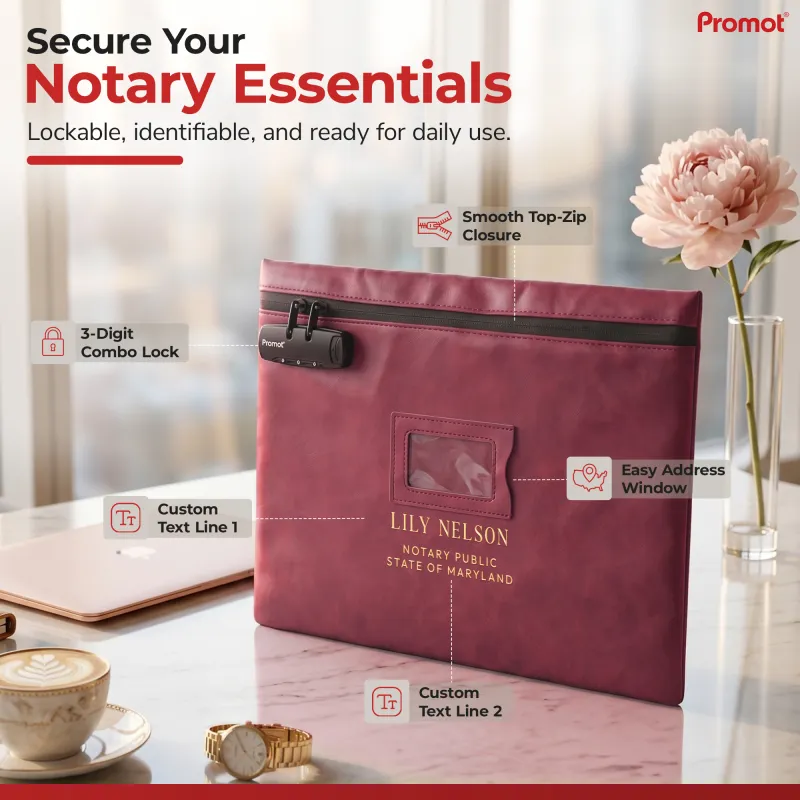 Locking notary bag in burgundy red with a 3-digit combination lock, top zip, address window and gold foil name