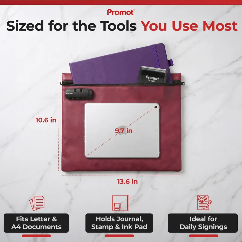 Red notary bag measuring 13.6 by 10.6 inches, holding a notary journal, self-inking stamp and 9.7-inch tablet