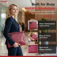Notary carrying a burgundy red vegan leather notary bag through an office lobby
