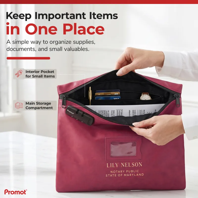 Unzipped notary lock bag showing an interior pocket with pen, cards and watch above notary documents
