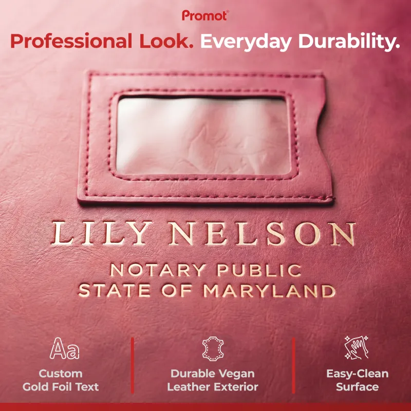 Close-up of gold foil notary public name and address window on burgundy red vegan leather