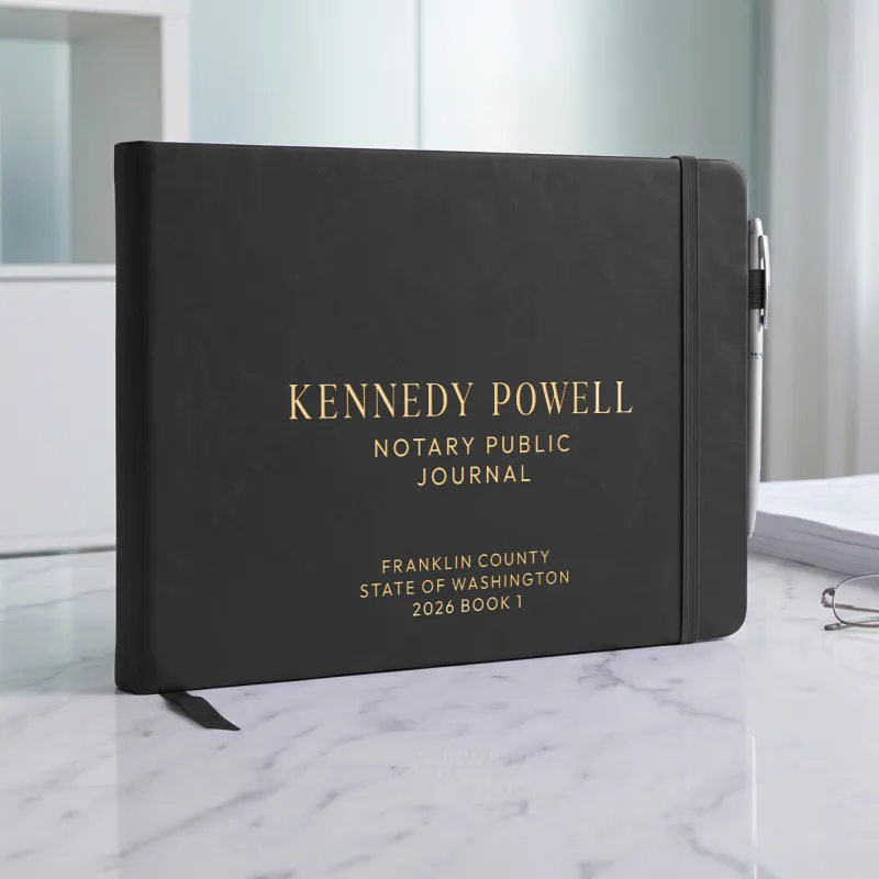 Black personalized notary journal with gold foil custom text, elastic strap, and pen holder on a marble desk