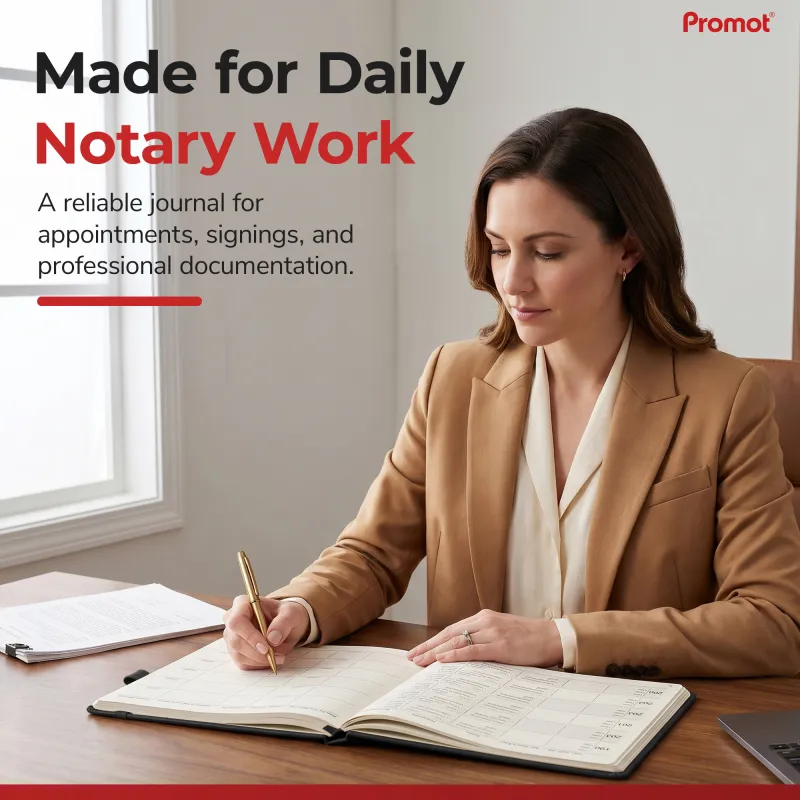 Notary public writing an entry in an open notary journal at an office desk