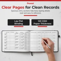 Lay-flat notary journal open to a two-page entry spread with a hand signing in the signature column
