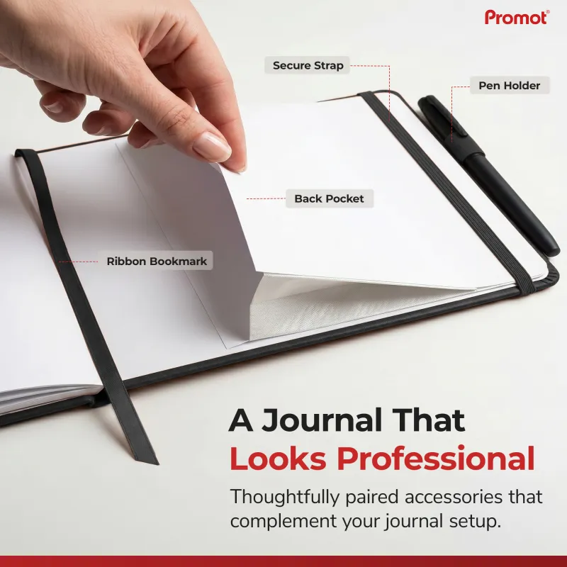 Notary journal with elastic closure strap, pen holder, ribbon bookmark, and back pocke