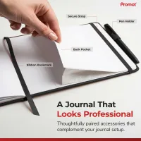 Notary journal with elastic closure strap, pen holder, ribbon bookmark, and back pocke