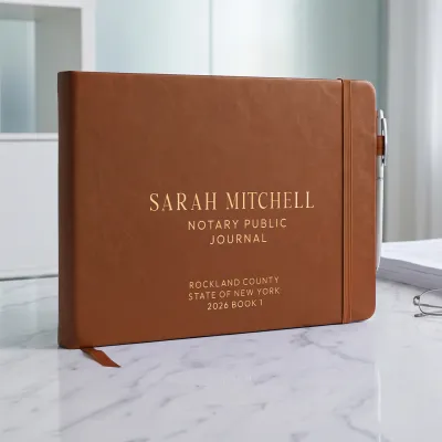 Personalized notary journal in brown vegan leather with custom gold foil name, county, and state on the cover