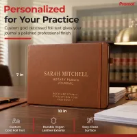 Brown personalized notary public journal with gold foil custom text, 7 x 10 inches, on an office desk