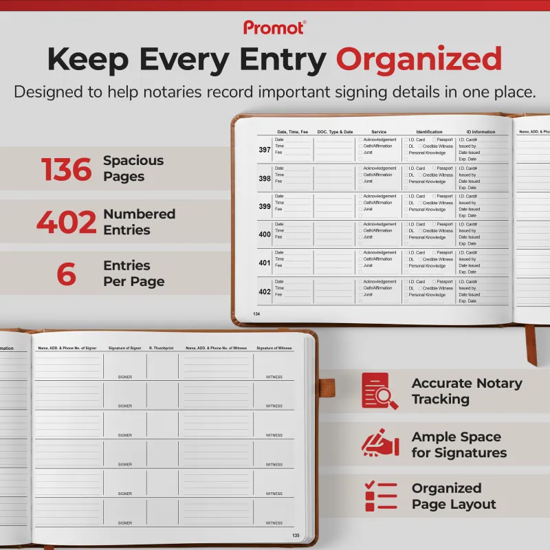 Open brown notary log book showing numbered entries with fields for ID, signer signature, thumbprint, and witness