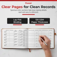 Lay-flat brown notary journal open to a two-page entry spread with a hand signing in the signature column