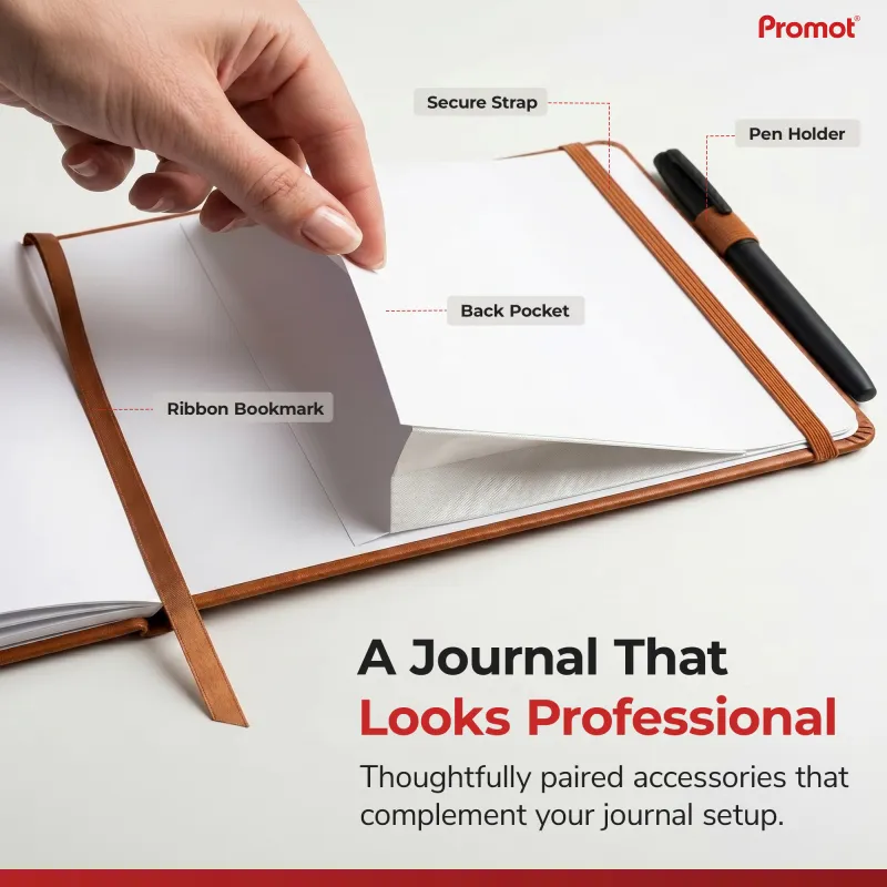 Brown notary journal with elastic closure strap, pen holder, ribbon bookmark, and back pocket