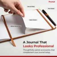 Brown notary journal with elastic closure strap, pen holder, ribbon bookmark, and back pocket