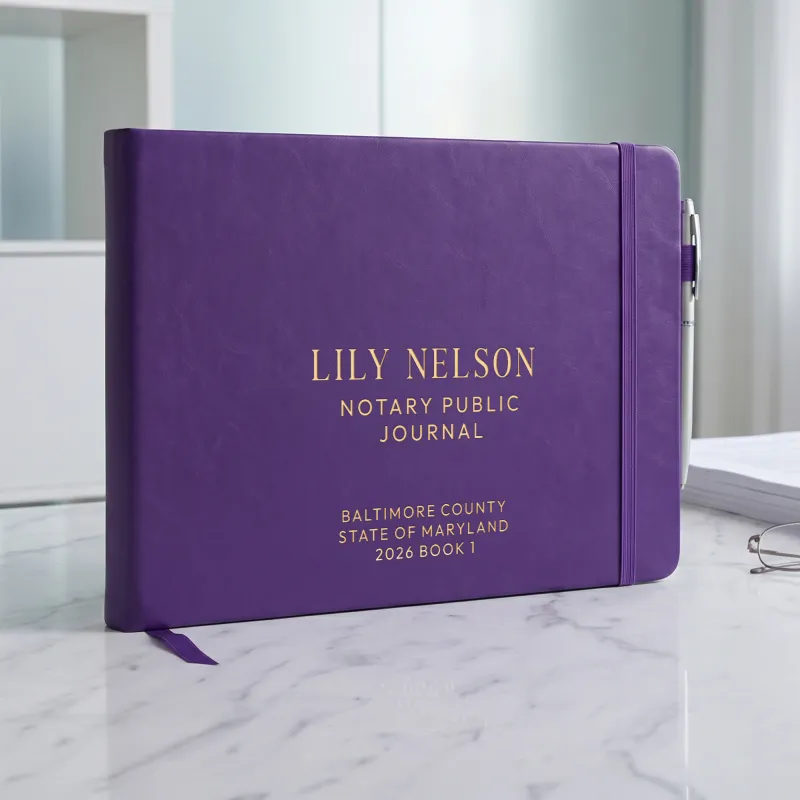 Personalized notary journal in purple vegan leather with custom gold foil name, county, and state on the cover