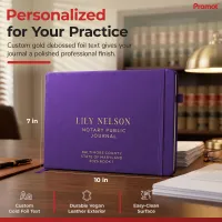 Purple personalized notary public journal with gold foil custom text, 7 x 10 inches, on an office desk