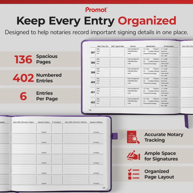 Open purple notary log book showing numbered entries with fields for ID, signer signature, thumbprint, and witness
