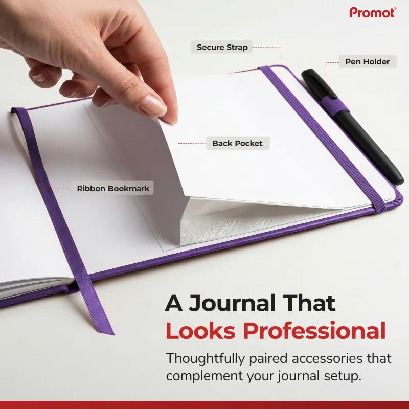 Purple notary journal with elastic closure strap, pen holder, ribbon bookmark, and back pocket