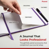 Purple notary journal with elastic closure strap, pen holder, ribbon bookmark, and back pocket