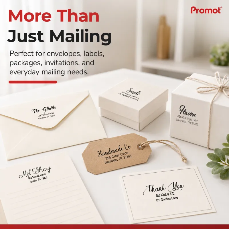 Envelopes, gift boxes, and stationery personalized with an Address Stamp for a polished finish