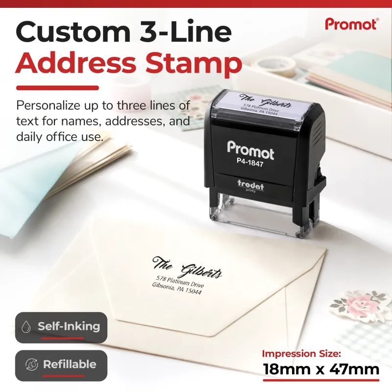 Personalized 3-line Address Stamp with self-inking and refillable features for everyday use